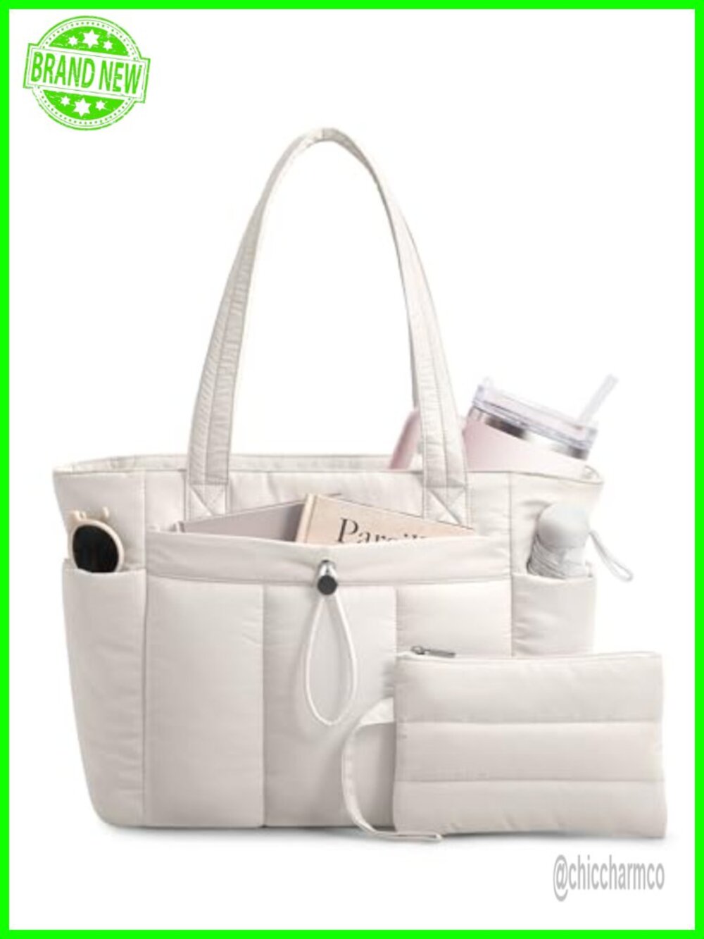Puffy Tote Bag with Cup Holder Laptop Compartment Cosmetic Bag Trolley Sleeve